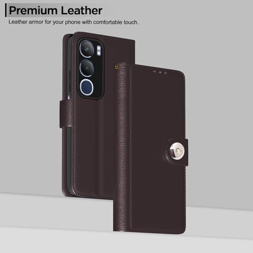 Image of Pikkme Flip Cover Leather Finish | Inside TPU with Card Pockets | Wallet Stand and Shock Proof | Complete Protection Button Flip Case for Vivo Y19s(Coffee)