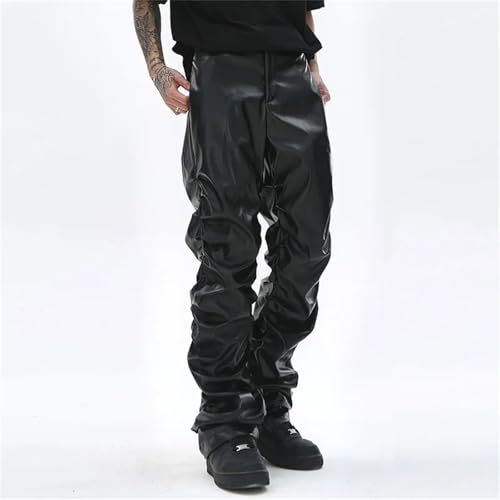 Men's Hip Hop Pleated Pu Leather Pants Harajuku Retro Streetwear Loose Fit Ruched Casual Straight Leg Trousers3