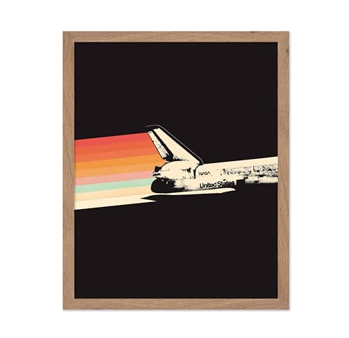Monem Art Retro Rainbow Space Shuttle Illustration Print - Vintage Space Travel Art Poster - Wall Decor for Living Room, Bedroom or Office - 16x20 Beige Framed Wall Art by Florent Bodart