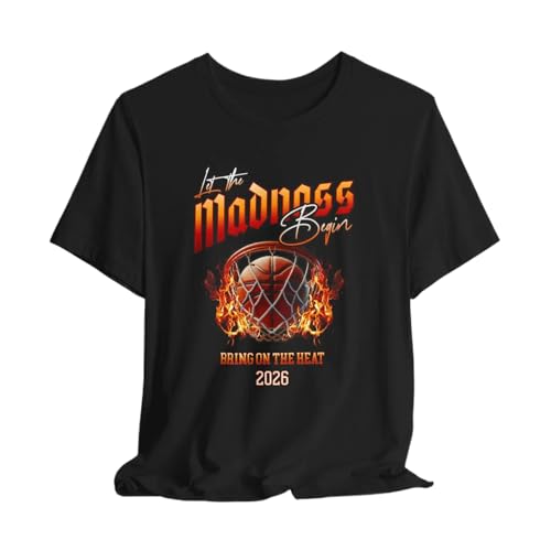 Purrgru Let The Madness Begin Basketball T-Shirt, 2026 College Hoops Graphic Tee (X-Large) Black