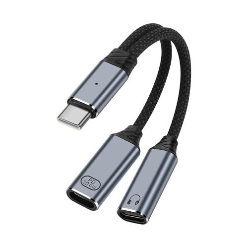 SinLoon Dual USB C Headphone Jack Adapter 2 in 1 Type C Audio & 100W PD Fast Charging Earphone Cable, 2-in-1 USB C Auxiliary Audio Charging Adapter Cable with Data Transfer for Laptop,Phone