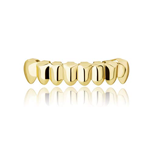 TOPGRILLZ 18K Gold Plated Hip Hop Rugged 8 Teeth TOP and Bottom Grillz for Your Teeth Set for Men and Women (Gold Bottom Fang)