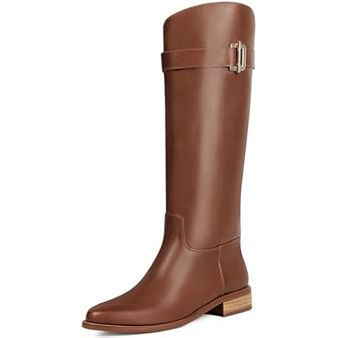Ouepiano Women's Knee High Boots Slip On Round Toe Riding Boots Side Zipper Metal Buckle Fashion Comfortable Tall Long Boots Brown 9.5 Cover