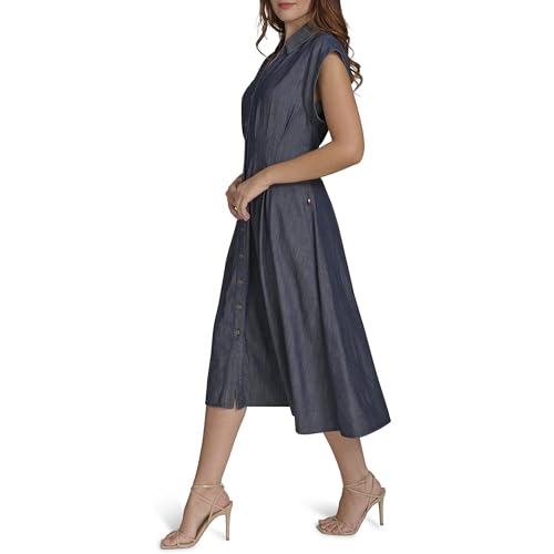Image of Tommy Hilfiger Women's Cap Sleeve Collared Waist Pleating A-Line Midi Shirt Dress
