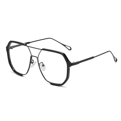 LJCZKA Gafas Anti Luz Azul Cuadrado para Mujer Hombre Gafas Piloto 70s Grande Gafas de Bloqueo de Luz Azul Antifatiga para Ordenador, Juegos, Descanso (Negro)