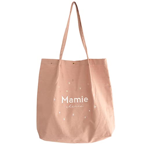 Tote Bag Brodé Mamie Chérie Manahia - Sac Cabas Coton Vieux Rose avec Poche
