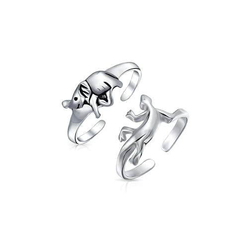 Plata de ley .925 en anillos de dedo del pie ajustables de elefante de la suerte y geco