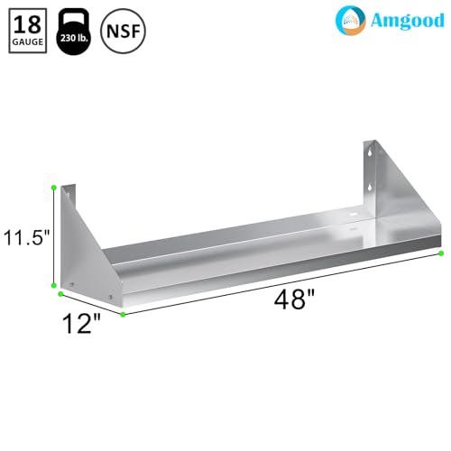 Image of AmGood Stainless Steel Wall Shelf with Side Guards (48 inch Long x 12 inch Deep)