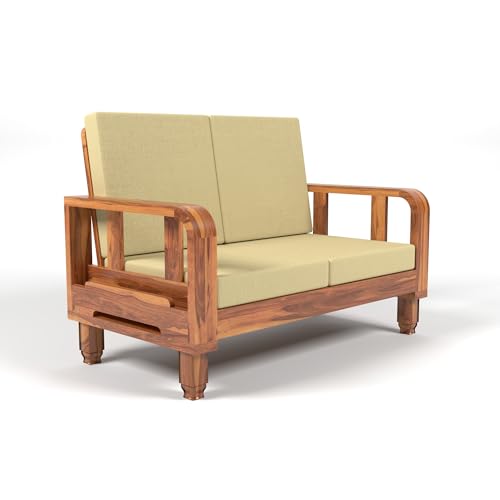 Image of Solid Sheesham Wood 2-Seater Sofa Set - Wooden Sofa Set with Side Newspaper Holder | Elegant Design for Living Room (Design 8)
