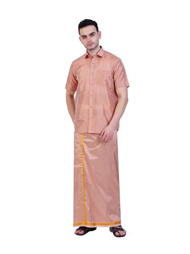 Image of PRAKASAM COTTON-Mens Art Silk Wedding Set /Art Silk 8 Mulam (8-Yard) Dhoti and Stitched Shirt for mens