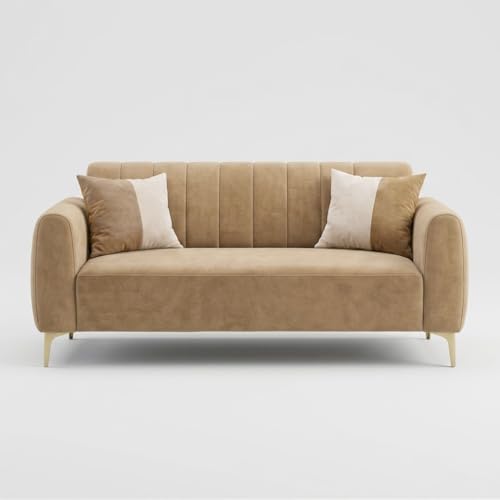 Image of Habibi Rich Velvet Suede 3+2 Seater Sofa Set | Spacious Soft Touch Comfort Seating | 5 Person Seating | Modern Living Room Sofa Set (Beige)
