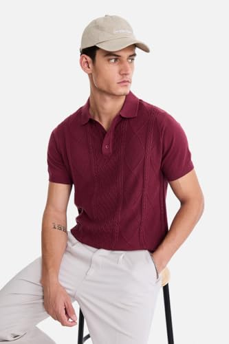 Image of SNITCH Men Polo T-Shirt | Classic Cable Knit Textured Front Panel & Half Sleeve Design | Premium 100% Cotton Knitted T-Shirt Men, Breathable Casual Holiday
