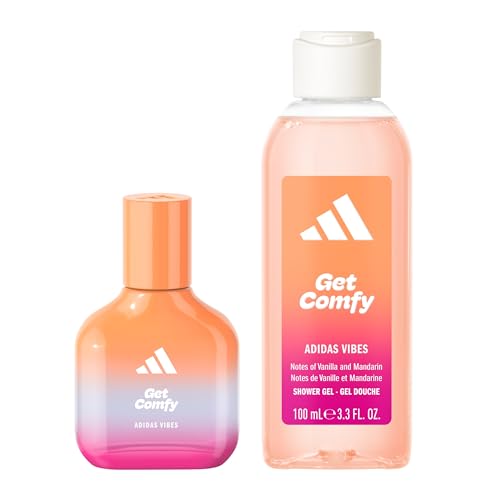 Image of adidas Vibes Get Comfy Giftset 1 fl oz EDP + 3.3 fl oz Shower Gel, Notes of Amber Floral, Mandarin, and Vanilla, Unisex Fragrance, Long Lasting, Sporty Fragrance, Travel Size