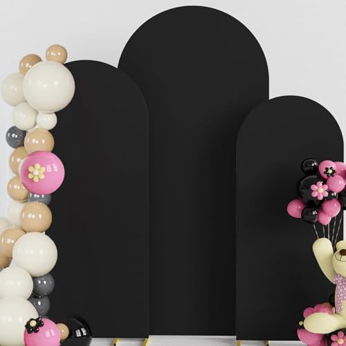 Black Arch Backdrop Cover Set of 3 (6FT 5FT 4FT) Spandex 2-Sided Round Top Chiara Fitted Wedding Backdrop for Birthday Party Stand Decoration