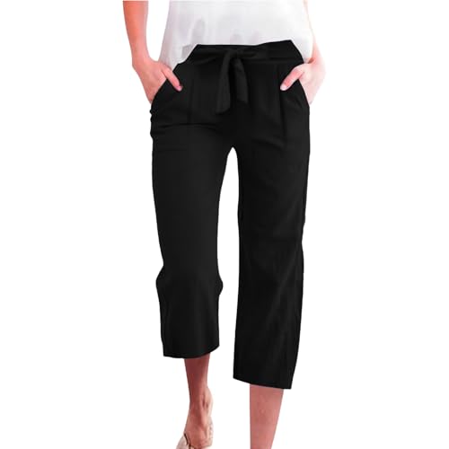 Linen Capris for Women Plus Size Paperbag High Waisted Crop Wide Leg Pants with Tie Summer Gaucho Pants Beach Outfits