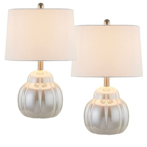Set of 2 Table Lamps, Round Ceramic Bedside Nightstand Lamp with White Fabric Shade, 3-Way Dimmable, for Living Room Family Bedroom Bedside - Maxax