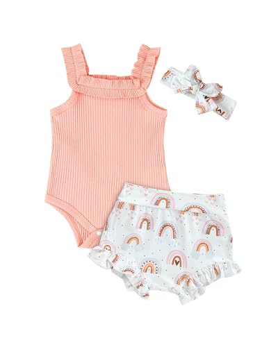 Image of Easisim 3pcs Newborn Baby Girls Shorts Sets Cotton Sleeveless Romper Jumpsuit Bodysuit + Shorts + Headband Outfit Set