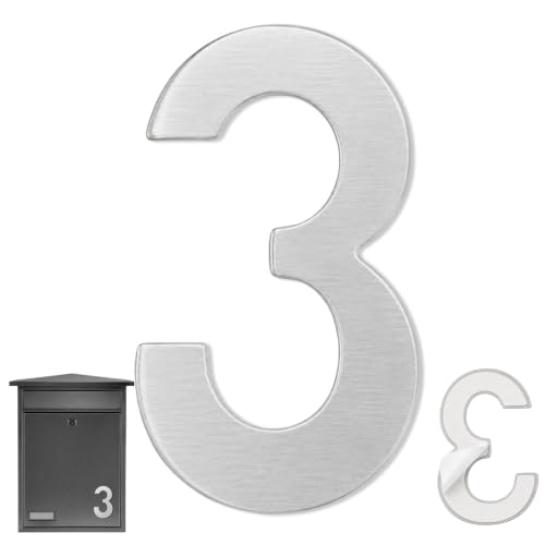 Numero 3 casa, Número Tres hogar, Número 3 para puerta, Número  para pared, Número 3 buzón, Acero inoxidable 304, 75 mm alto x 47 mm ancho, Adhesivo, Plateado