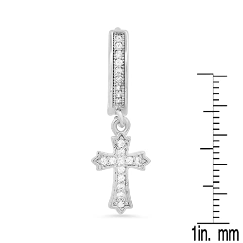 Steeltime Unisex Iced Out Huggie Charm Pendant Brass Earrings With Simulated Diamonds Jewelry Gift (Cross/Silver) #TOP1