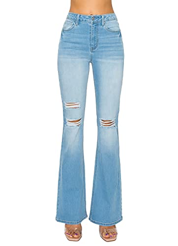 WAX JEAN Women's Destructed Flare Jeans in Sustainable Denim, Light, 9