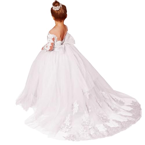 Long Sleeve Flower Girl Dress Off Shoulder Pageant Dresses for Girls Detachable Train Ball Gown