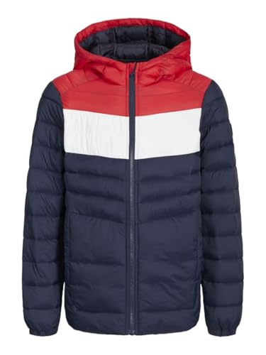 JACK&JONES JUNIOR Jjesprint Puffer Hood Jnr amortiguadora, Chaqueta Azul Marino/Detalle: Blanco/Rojo Verdadero Bloqueo, 140 para Niños