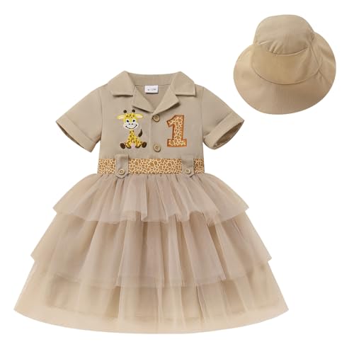 FYMNSI Safari 1st Birthday Outfit Baby Girls Cake Smash Clothes Wild Jungle Animal Giraffe Short Sleeve Tiered Tulle Tutut Dress and Hat Toddler Summer First Birthday Party Supply Khaki 12-18M