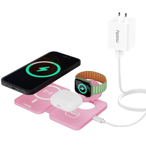 Miady 3 in 1 Charging Station for Apple Magsafe, 18W Magnetic Wireless Charger, Foldable Travel Charger for iPhone 15/14/13/12 Pro Max, for Apple Watch Ultra/8/7/6/5/4/3/2/SE, for Airpods 3/2 Pro