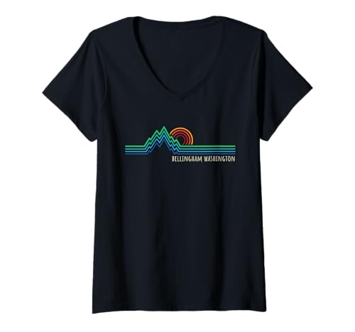 Mujer Bellingham WA USA Retro Montaña Sunset Diseño Camiseta Cuello V