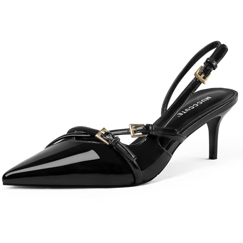 MUCCCUTE Kitten Heels for Women Pointed Toe Slingback Low Heels with Buckle Strap Heeled Pumps