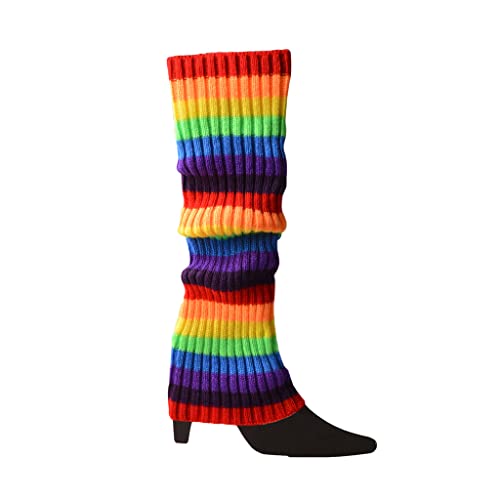 Women Winter Ribbed Knit Leg Warmers Rainbow Colorful Boot Cuffs Ballet Dance Long Socks 80s Costume