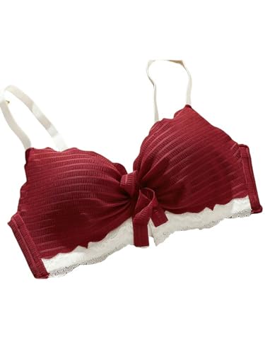 Wireless Underwire Women Gathering Without Underwire Flat Chest Cup Not Empty Cup Lace Bra -Burgundy-85B-32