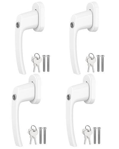 HOMGEN Lot de 4 poignées de fenêtre universelles pour UPVC - Rotation à 360° - Vis coupables verrouillables - Poignée de fenêtre en PVC avec clé - Poignée ergonomique de rechange en aluminium blanc
