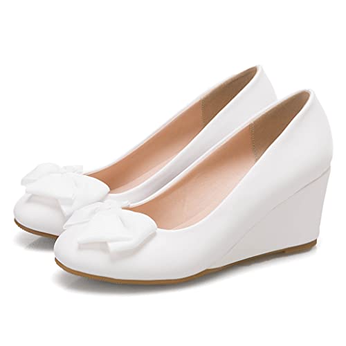 MIOKE Women's Round Toe Mid Wedge Heel Pumps Bow Slip-On Leather Comfortable Chunky Walking Dress Shoes2
