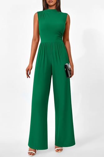 Image of PRETTYGARDEN Women's Summer Dressy Casual Jumpsuits | Cozy Ribbed Fabric, Sleeveless Mock Neck, Back Zipper, Pockets, Wide Leg Pants Rompers, Fashion Clothing, One Piece Outfits
