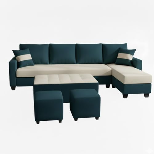 Image of CASASTYLE Adonway 8 Seater Fabric RHS L Shape Sofa Set (Cream-Greenish Teal) Premium Velvet Finish | Ideal for Living Rooms