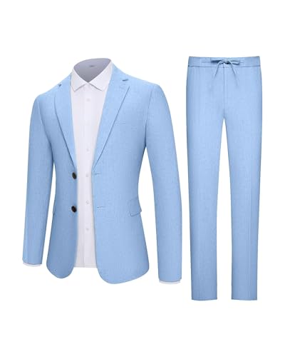 Men’s Linen Suits 2 Piece Slim Fit Sets Vintage Casual Men Suit Linen Tuxedo Summer Wedding Prom Blazer Jackets Drawstring Pants Sets Light Blue Size XS3