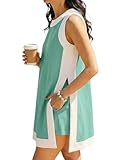 Hooever Women's 2 Piece Sets Casual Color Block Crewneck Short Sleeve Pullover Tops Matching Shorts with Pockets(LakeGreen-S)