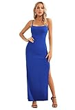 JLCNCUE Women's Sexy Backless Spaghetti Straps Square Neck Maxi Dress Thigh High Slit Bodycon Cocktail Party Dress 211(Medium,Sapphire Blue)