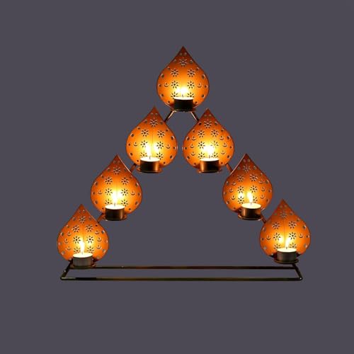 Image of METSY Stylish Metal Cutting Edge Candle Light Holder Leaf in Rectangular Shape | Metal Art | Home Decor Items (Golden Triangular) (Golden Triangular)