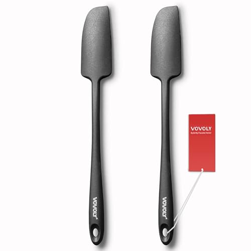 2-Pack Vovoly Silicone Jar Spatulas, Small Seamless Design Rubber Scraper with Stainless Steel Core, Heat Resistant and Non-Stick Mini Spatula for Jars and Blenders, BPA Free,11 IN, Black