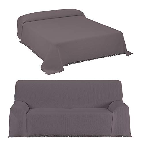 DHestia - Colcha Multiusos de Cama y Funda Cubre Sofá con Flecos Modelo Canalé. (270x250 cm, Piedra)