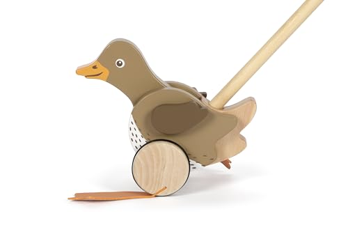 small Foot Schiebetier Ente mit beweglichem Kopf aus Holz, hilft beim Laufenlernen, Schiebespielzeug für Kinder ab 18 Monaten, 12493, Braun