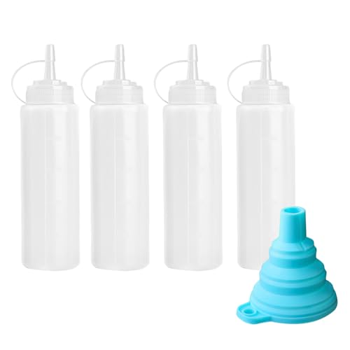 hautllaif 4 Pack 8 oz Squeeze Bottle Plastic Sauce Bottle with Folding Funnel Food Grade Leak Proof Condiment Dispenser for Ketchup BBQ Oil Salad Dressing Honey