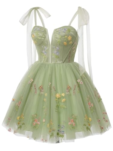 TIRAS Flower Embroidery Tulle Homecoming Dresses 2024 Spaghetti Straps Sweetheart Neck Sleeveless Short Prom Dress3