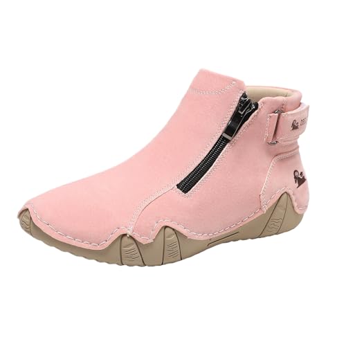 KGKQHKQ Women's Leather Sneaker Ankle Boots Fashion Round Toe Side Zipper Walking Shoes Non-Slip Breathable Outdoor Orthopedic Shoes Pink