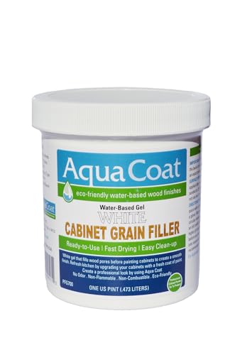 Aqua Coat White Water-Based Cabinet Wood Grain Filler Gel Low Odor Fast Drying White Wood Filler Paintable & Sandable for Interior & Exterior Repairs Upgrades & Restorations 16 oz