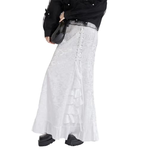 Women's Vintage Maxi Skirt Patchwork Ruffles Irregular Lace-Up Prints High-Waisted Long Skirts