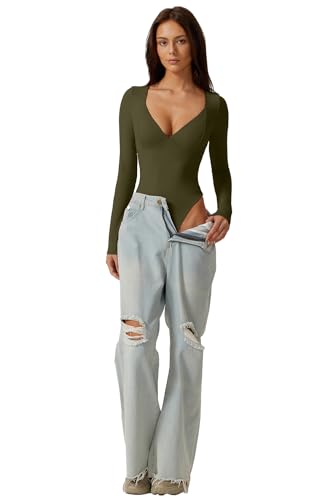 Image of QINSEN Women's Long Sleeve Bodysuit V Neck Body Suits Seamed Cup Going Out Tops Shirt