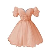 Youjiayi Off Shoulder DAMA Dresses for Quinceanera Rose Gold Short Homecoming Dresses for Teens Puffy Lace Tulle Cocktail Dress for Women Size 14